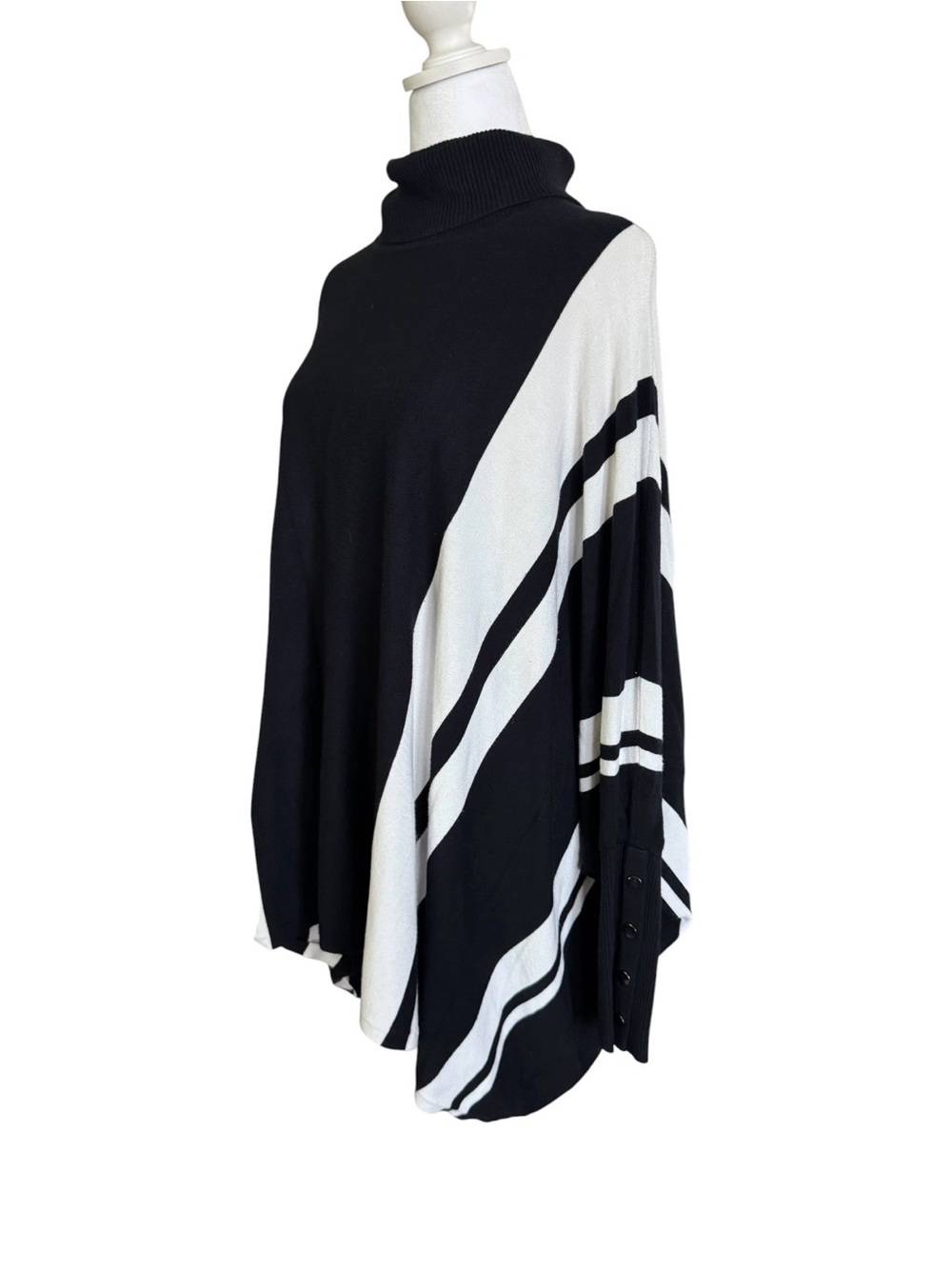 Alfani Black White Striped Turtleneck Poncho Sweater Large Asymmetrical - Picture 4 of 7